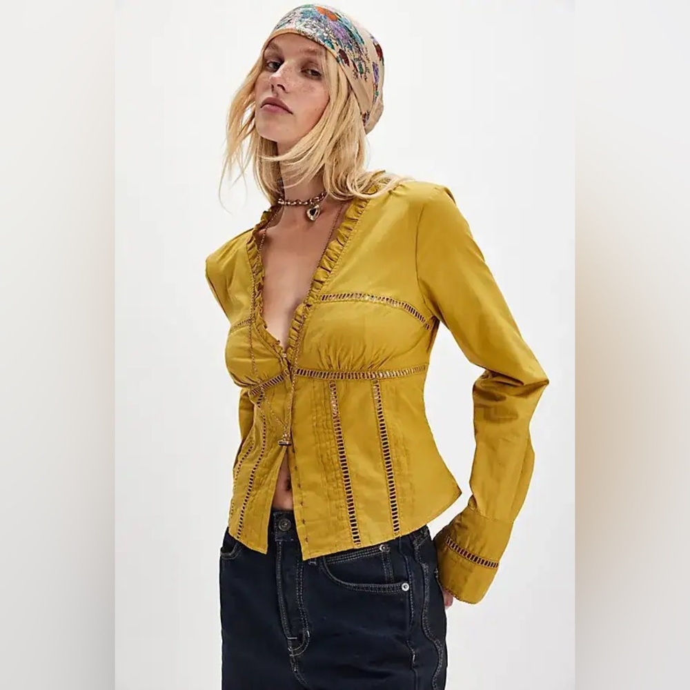 New Free People FP Frankie Long Sleeve Corset Top Blouse Shirt Lemon Party